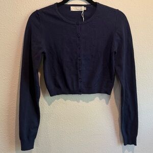 Meshki Penny Ribbed Knit Cropped Button Cardigan - Navy Blue NEW NWT